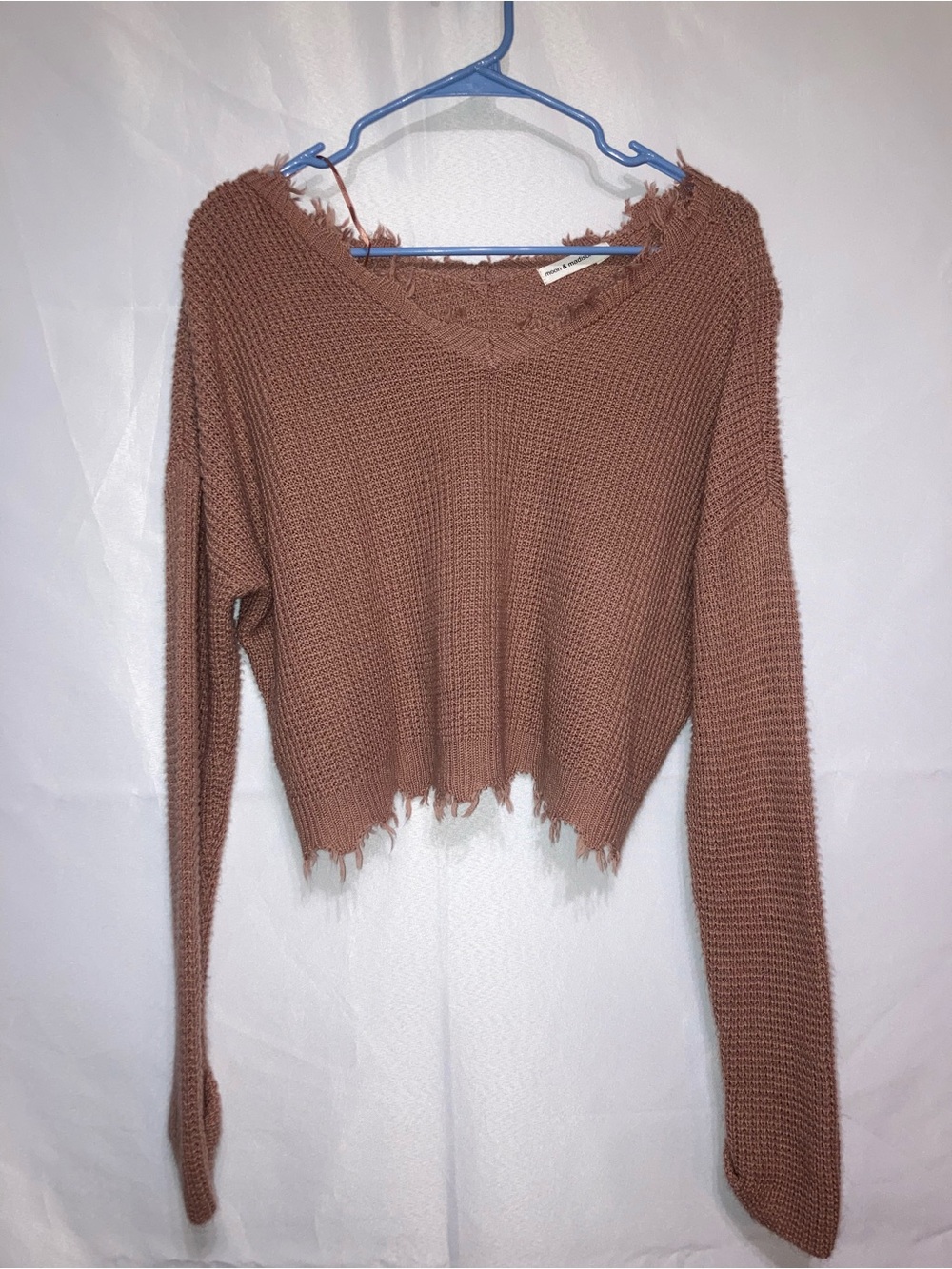 moon & madison Cropped Distressed V-Neck Sweater - Brown